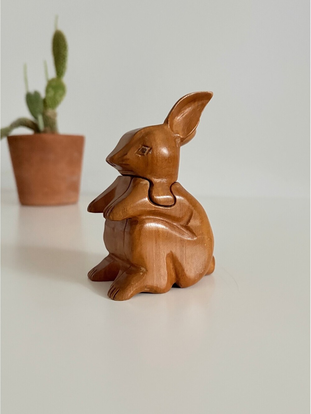 VTG Hand Carved Bunny Wood Wooden Slide Lid Puzzle Rabbit Trinket Ring Box